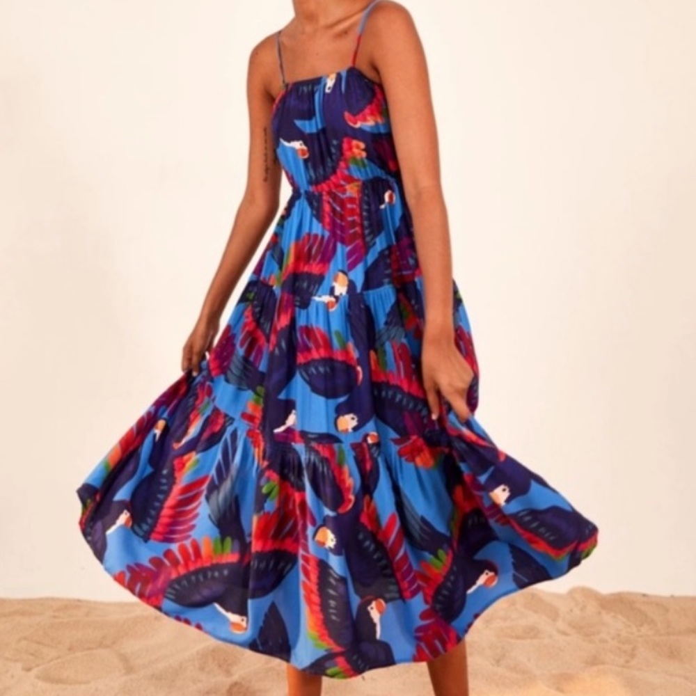 NWT Farm Rio Rainbow Macaws midi dress. Size L